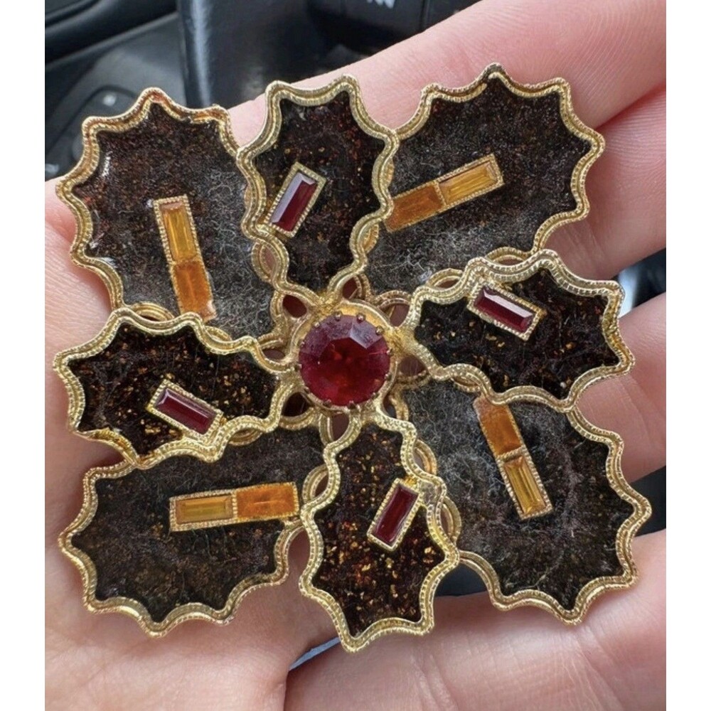 Vintage West Germany Enamel Rhinestone Brooch Stained Glass Flower Signed